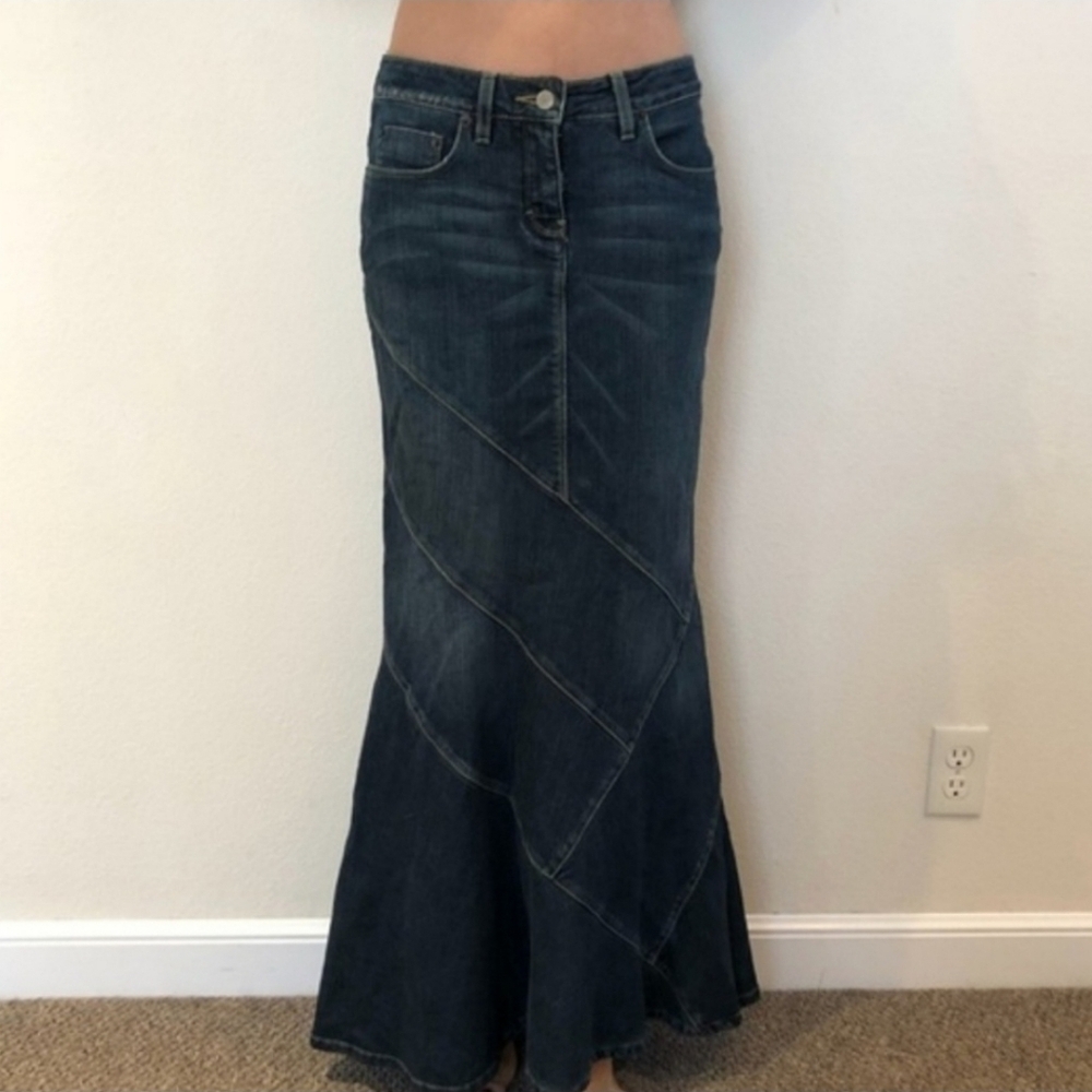 Vintage y2k Bebe Blue Jean‎ Denim Bling Stretch Sexy Mermaid Maxi Skirt 30